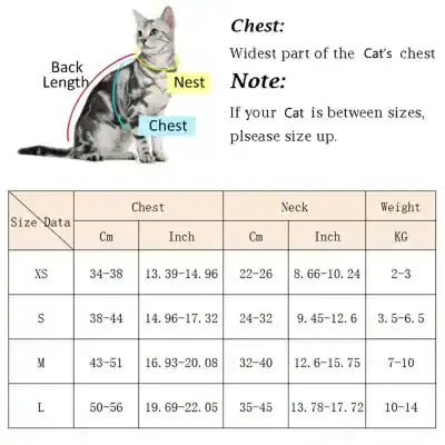 Collar size chart for cats, adjustable pet collars, pet sizing guide, Monalisa store pet accessories, comfortable cat collars for all sizes.