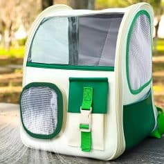 Portable pet travel carrier with ventilation mesh panels and transparent top, perfect for pet transportation and travel safety.