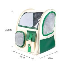 Stylish green and white pet carrier backpack with multiple ventilation mesh windows, spacious compartments, and adjustable straps for comfortable travel.