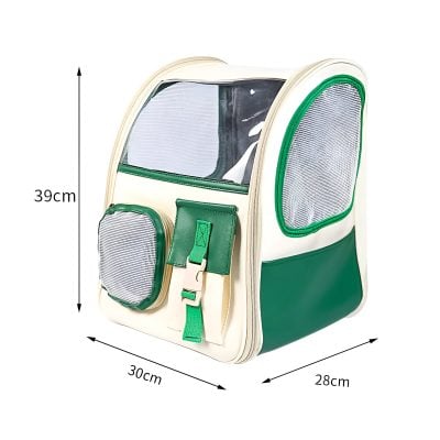 Stylish green and white pet carrier backpack with multiple ventilation mesh windows, spacious compartments, and adjustable straps for comfortable travel.