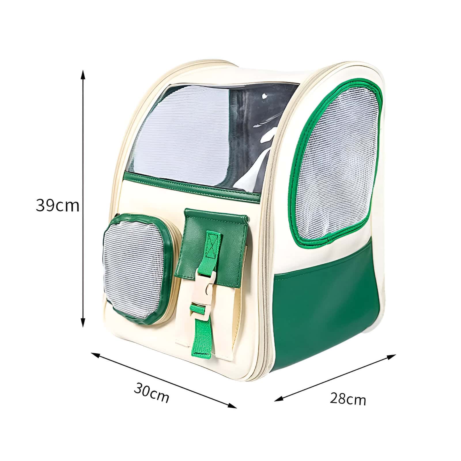 Stylish green and white pet carrier backpack with multiple ventilation mesh windows, spacious compartments, and adjustable straps for comfortable travel.