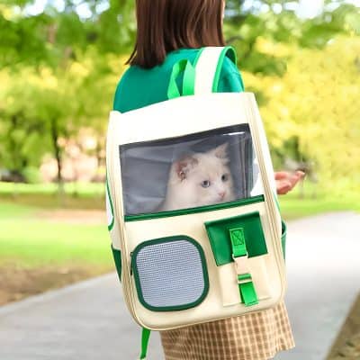 Portable cat carrier backpack with mesh window for pet travel and outdoor adventures. Stylish and functional pet carrier backpack for cats, providing comfort and visibility during walks.