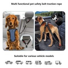 Multi functional pet safety belt traction rope for car, adjustable dog harness for travel, secure pet seatbelt compatible with various vehicle models, ensures dog safety on road trips, easy to install.