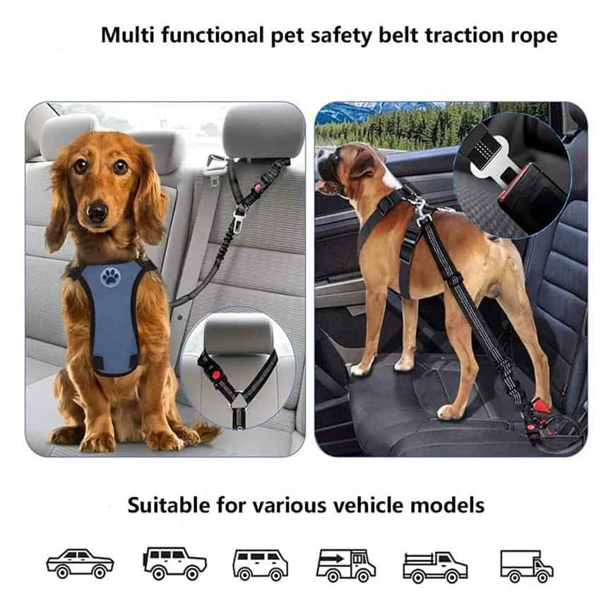 Multi functional pet safety belt traction rope for car, adjustable dog harness for travel, secure pet seatbelt compatible with various vehicle models, ensures dog safety on road trips, easy to install.