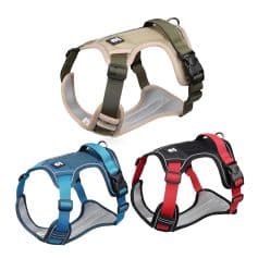 Comfortable dog harness available in beige, blue, and red for pet safety, control, and comfort during walks. Adjustable straps and durable material ensure a secure fit for all dog sizes.