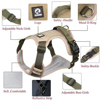Comfortable dog harness with adjustable straps, safety handle, reflective strip, metal D-ring for leash attachment, and padded design for pets' comfort. Perfect for secure walks.