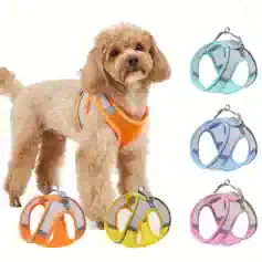 Reflective dog harness with adjustable straps available in orange, yellow, blue, pink, and gray for city, outdoor, and safety walking. Perfect for small dogs and for nighttime visibility.