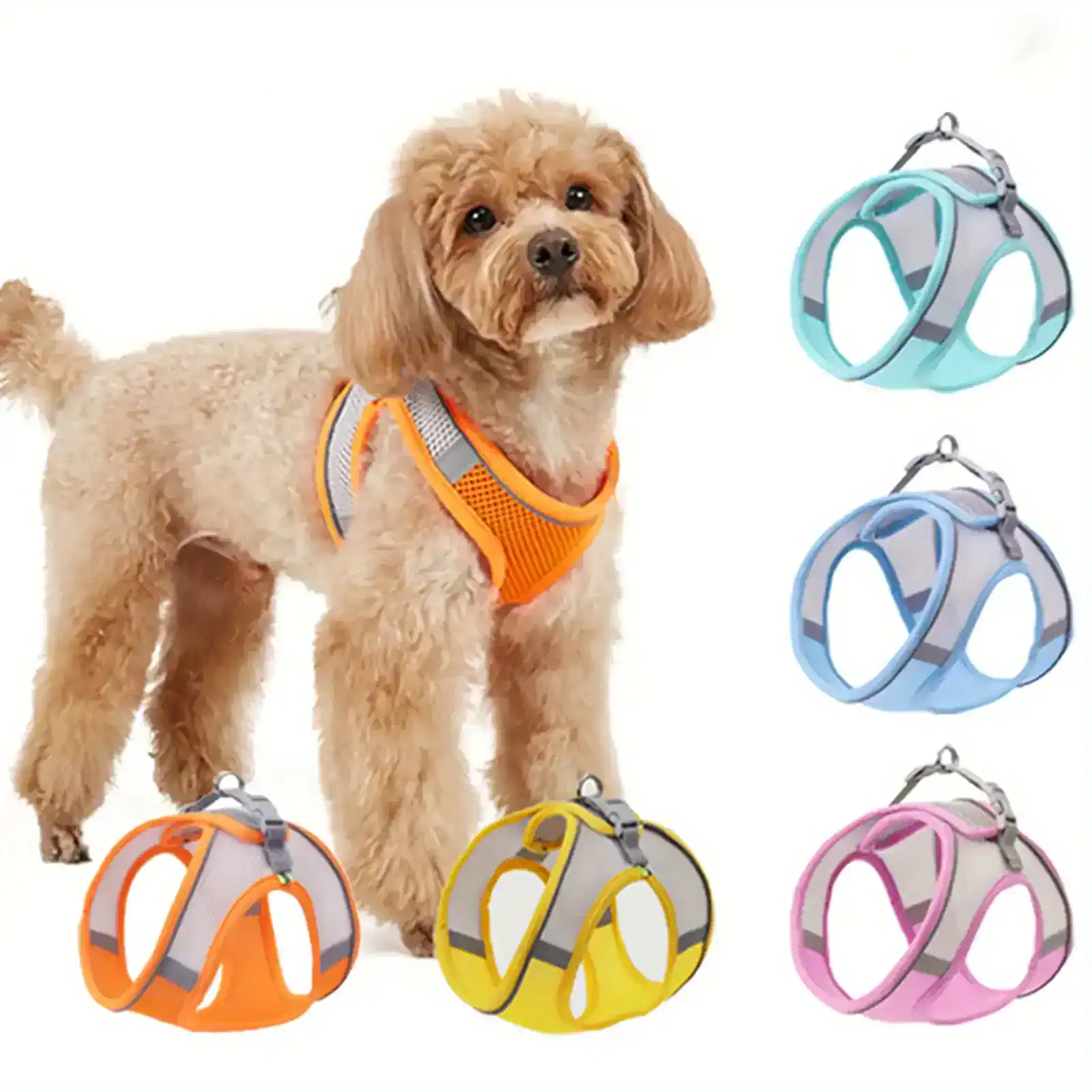 Reflective dog harness with adjustable straps available in orange, yellow, blue, pink, and gray for city, outdoor, and safety walking. Perfect for small dogs and for nighttime visibility.
