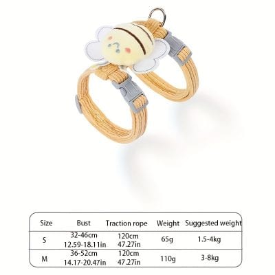 Cute plush bee-shaped pet collar with adjustable strap and safety buckle, perfect for small to medium pets, with size options and weight capacity, ideal for comfortable and secure pet wear.