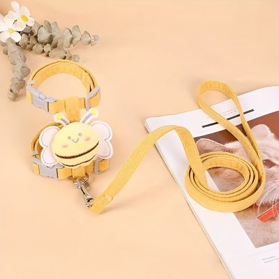 Yellow bee-themed pet harness and leash, comfortable and adjustable for small dogs or cats, with a cute plush bee design, perfect for outdoor walks and stylish pet accessories.