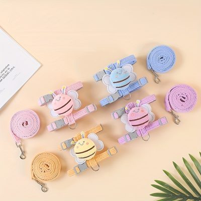 Pink and blue bee-themed pet collars with matching leashes, featuring adorable plush bee charms, ideal for small animals, colorful, adjustable, and comfortable for everyday wear.