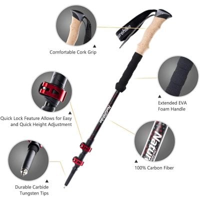 Lightweight trekking pole with carbon fiber construction, ergonomic foam handle, adjustable height, durable tungsten tips, and quick lock mechanism for outdoor hiking and trekking.