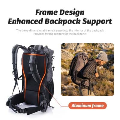 Durable outdoor backpack with aluminum frame for enhanced support, ideal for hiking, camping, and travel. Features ergonomic design and strong back panel for comfortable carrying.