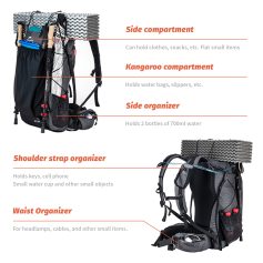 Extra large hiking backpack with multiple compartments for outdoor travel, camping, and trekking. Features side, kangaroo, shoulder strap, and waist organizers for optimal gear management.
