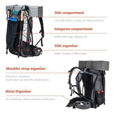 Extra large hiking backpack with multiple compartments for outdoor travel, camping, and trekking. Features side, kangaroo, shoulder strap, and waist organizers for optimal gear management.