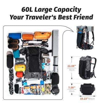 Durable travel backpack with 60L capacity, ideal for camping, hiking, and outdoor adventures, featuring multiple compartments and water-resistant material.