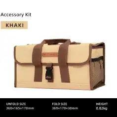 Light brown and beige accessory kit bag with buckle closure, designed for travel or organization, from Monalisa Store for optometrists and eyewear professionals.