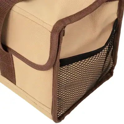 Durable beige and brown nylon storage organizer with front mesh pocket, ideal for organizing accessories, cosmetics, or office supplies at Monalisa Store.
