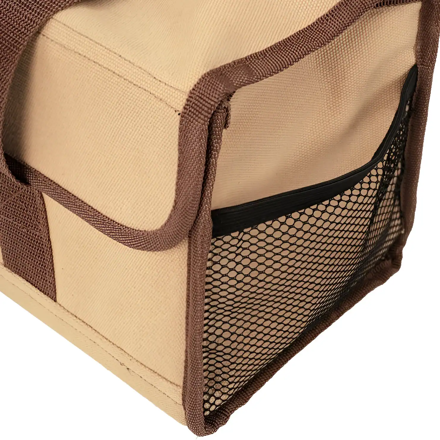 Durable beige and brown nylon storage organizer with front mesh pocket, ideal for organizing accessories, cosmetics, or office supplies at Monalisa Store.