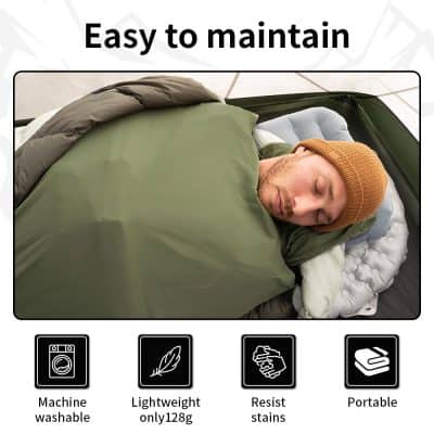 Ultra-lightweight portable sleeping bag for camping, hiking, and outdoor adventures, machine washable, stain resistant, and easy to carry. Perfect for easy maintenance and comfort.