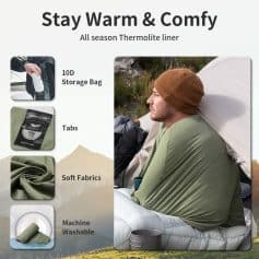 Silk green thermal blanket with soft fabrics, machine washable and portable storage bag, ideal for outdoor camping and cold weather protection.