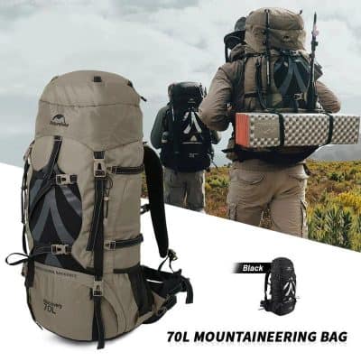 High-capacity 70L mountaineering backpack for hiking and outdoor adventures, featuring multiple compartments, adjustable straps, and durable design, perfect for trekking and mountainous expeditions.