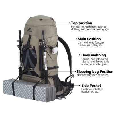 Light brown hiking backpack with multiple compartments and gear attachments for outdoor adventures.