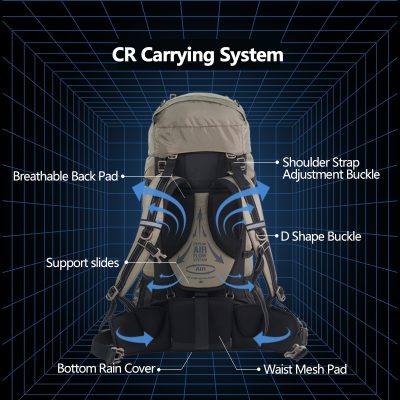 CR carrying system for ergonomic comfort and adjustable support, featuring breathable back pad, shoulder strap adjustment buckle, D shape buckle, support slides, bottom rain cover, and waist mesh pad.