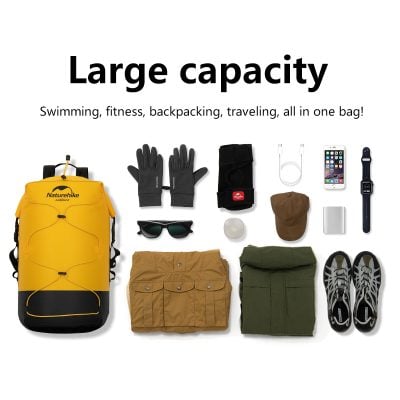 Yellow Naturehike backpack with travel accessories and outdoor gear for hiking, camping, and adventure. Compact, large capacity, ideal for outdoor activities.