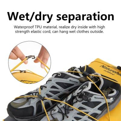 Lightweight waterproof hiking shoes for outdoor activities, featuring dry/wet separation TPU material, high-strength elastic cord, and secure wet clothes hanging.