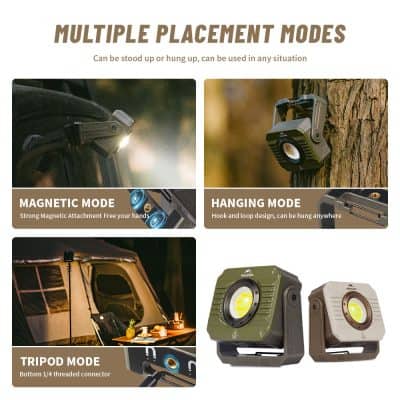Adjustable camping LED lights with multiple modes, including magnetic, hanging, and tripod options, ideal for outdoor enthusiasts and campers.