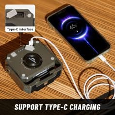 USB Type-C charging cable connected to a smartphone with fast charging indicator on the screen. The charging station features a Type-C interface for efficient power transfer.