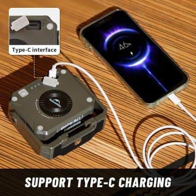 USB Type-C charging cable connected to a smartphone with fast charging indicator on the screen. The charging station features a Type-C interface for efficient power transfer.