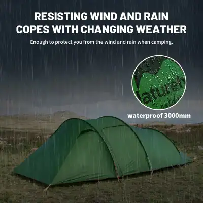 Waterproof camping tent with rain and wind protection, ideal for outdoor adventures, featuring 3000mm waterproof rating to withstand harsh weather conditions. Suitable for tents and camping gear enthusiasts.