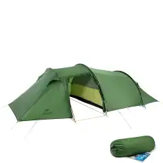 Light green camping tent with attached sunshade, suitable for outdoor adventures and backpacking trips. Comes with a compact carrying bag for easy transport and storage.
