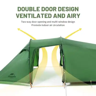 Double door camping tent with ventilated and airy design, suitable for outdoor adventures and seasonal camping. Features a two-way door opening and multi-window vents for enhanced air circulation.