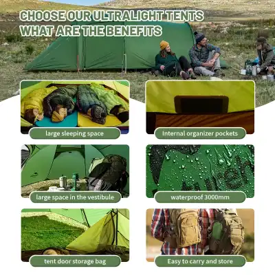 Waterproof 3000mm ultralight tent with large sleeping space, internal organizer pockets, ideal for camping and outdoor adventures.