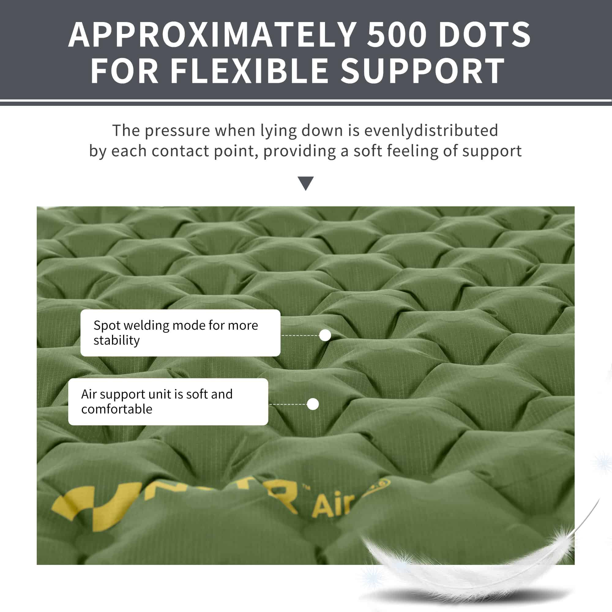 Breathable green air support mattress with spot welding for stability and soft, comfortable air units for ergonomic sleep support.