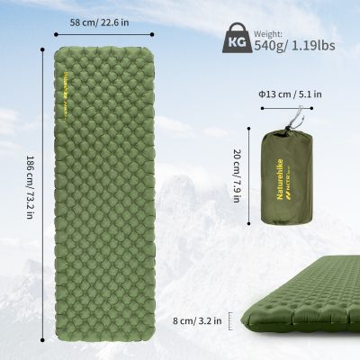 Comfortable inflatable camping mattress with portable packing bag, ideal for outdoor and travel sleep, durable and lightweight for easy carry.