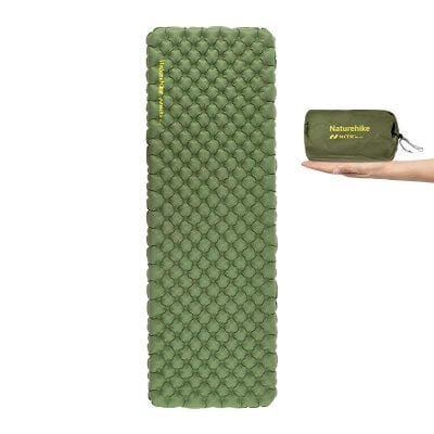 Lightweight green outdoor camping sleeping pad with a portable compressed carry bag for easy transport and convenience. Ideal for hiking and backpacking adventures.