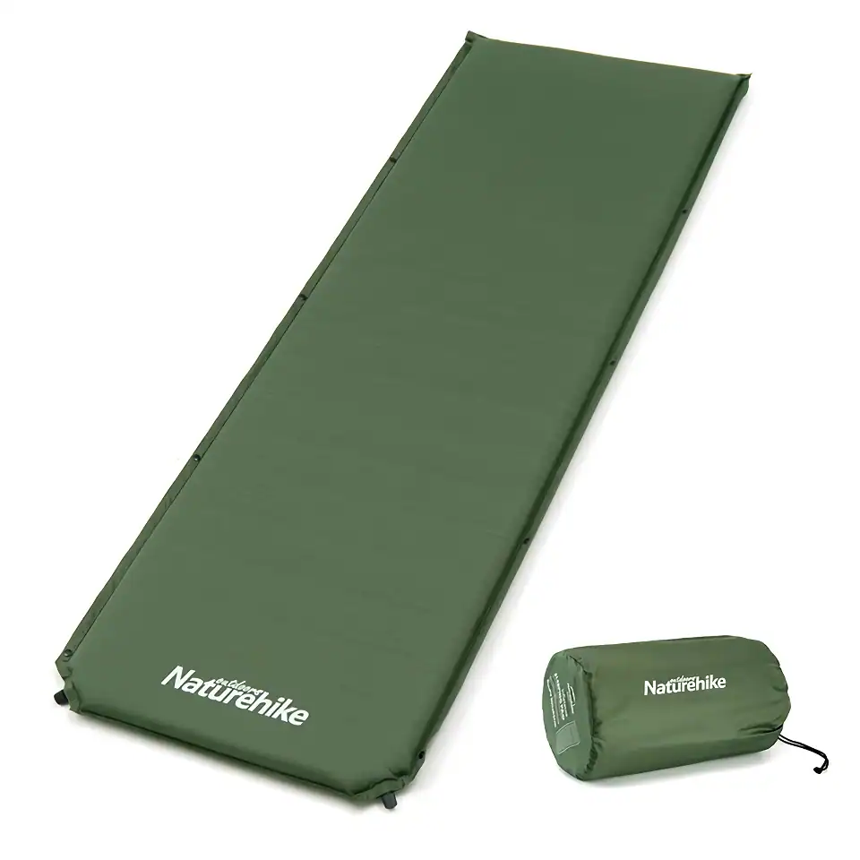 Lightweight green camping sleeping pad with carrying bag for outdoor adventures and comfort.