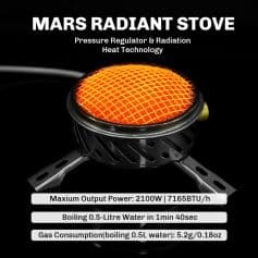Mars radiant stove with heat technology, pressure regulator, and radiation heat for efficient cooking, maximum power of 2100W, boils 0.5L water in 1 minute 40 seconds.