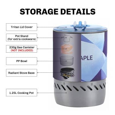 Portable mini stove with storage compartments and cookware, ideal for outdoor cooking and camping. Features include a Tritan lid, pot stand, gas canister slot, PP bowl, radiant stove base, and 1.25L cooking pot.
