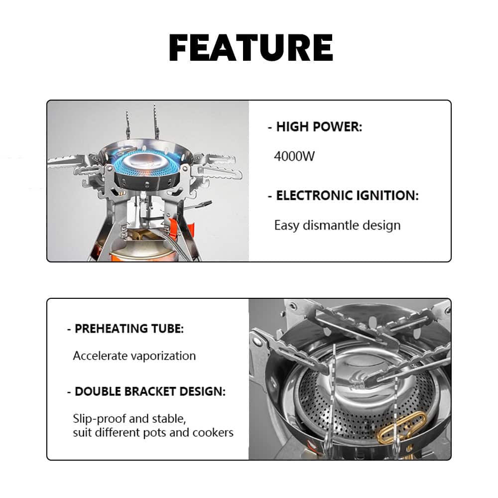 Durable camping stove with high power 4000W, electronic ignition, and easy disassemble design for outdoor cooking. Features include a preheating tube and double bracket stability for rugged use.