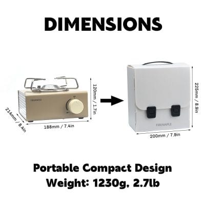 Mini portable stove with dimensions and lightweight design, ideal for emergency and outdoor cooking, perfect for camping and outdoor activities.