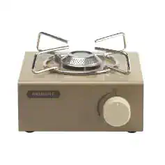 Gas stove burner with stainless steel grate and beige control panel, ideal for mobile or small kitchen setups.