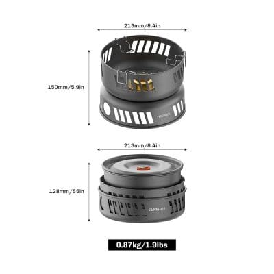 Compact portable camping stove and grill for outdoor cooking, lightweight design, high heat efficiency for backpackers and adventurers, durable materials.