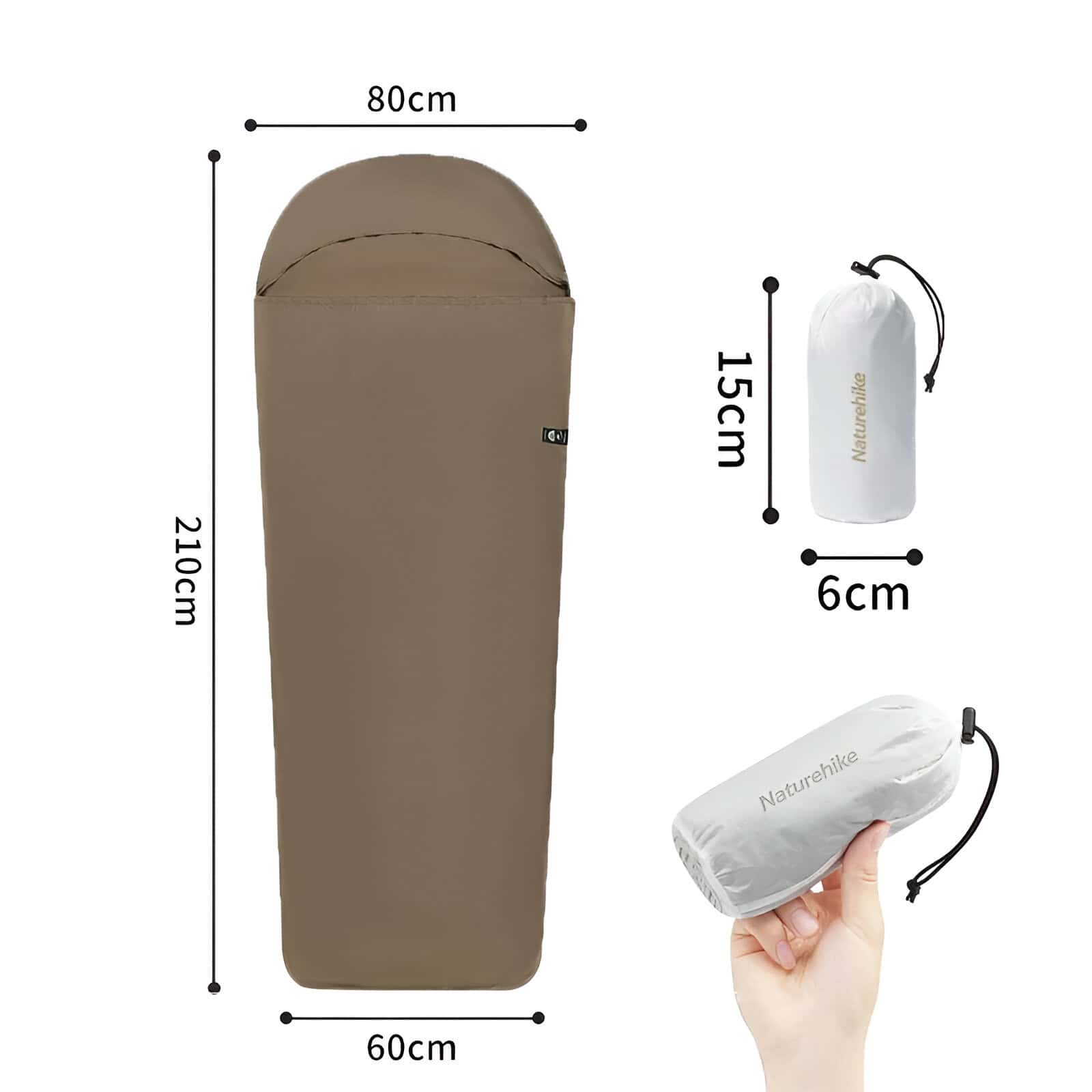 Light brown outdoor sleeping bag with dimensions 210cm x 60cm, featuring a hood for warmth, accompanied by compact white carrying bags, ideal for camping and outdoor adventures.