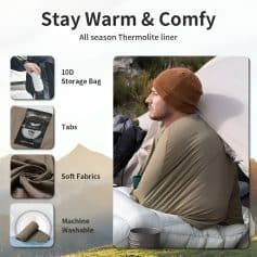 Stay warm with all-season Thermolite liner, including a 10D storage bag, soft fabric, tabs for secure fit, and machine washable material, ideal for outdoor and camping comfort.
