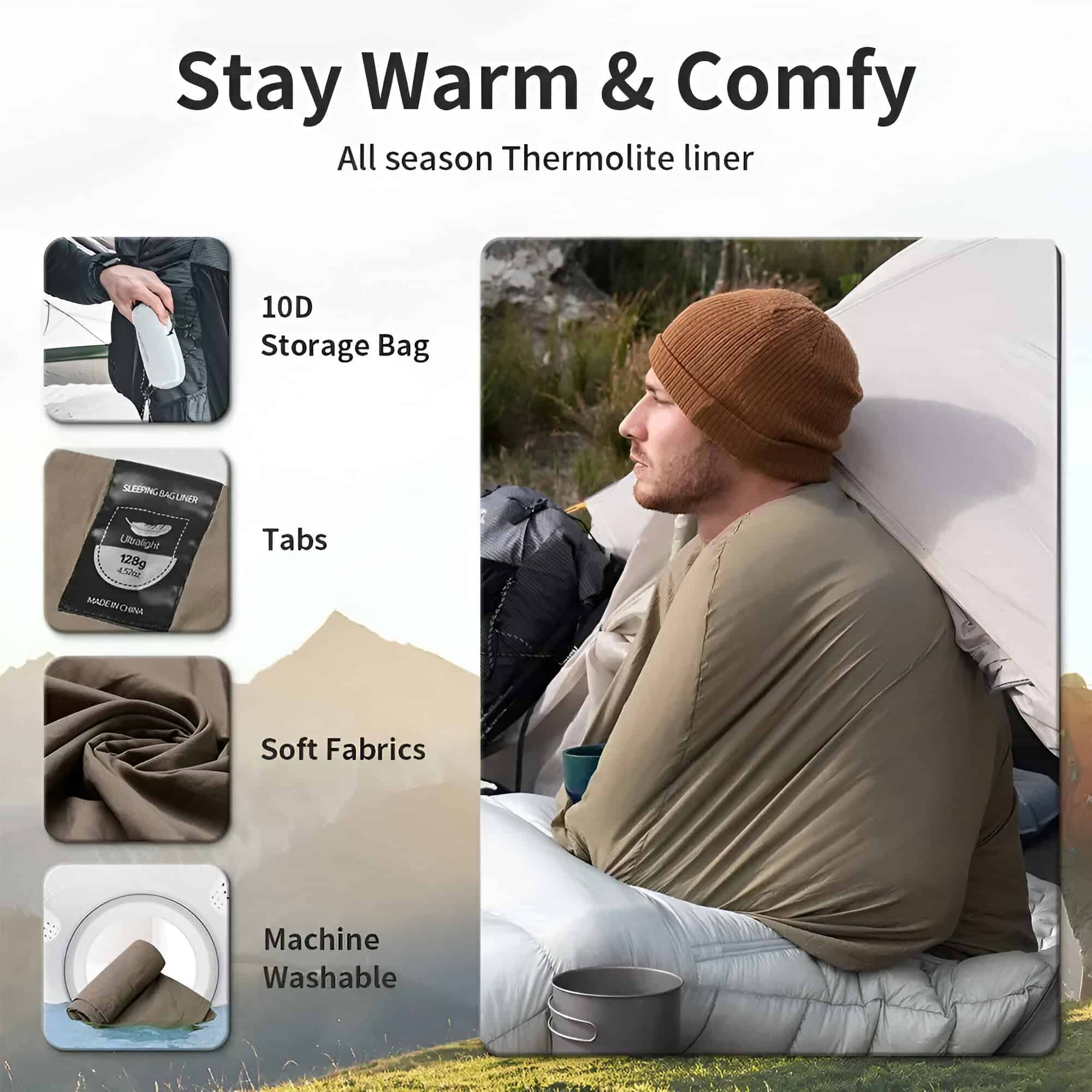 Stay warm with all-season Thermolite liner, including a 10D storage bag, soft fabric, tabs for secure fit, and machine washable material, ideal for outdoor and camping comfort.